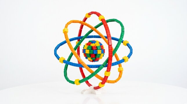Colorful plastic toy brick model of an atom with electrons and nucleus.