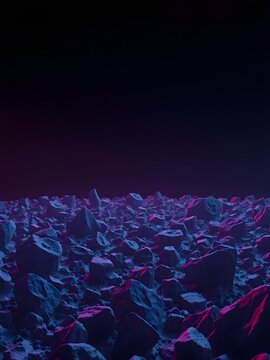 Dark rocky alien landscape with purple and blue neon rim lighting for sci-fi environments
