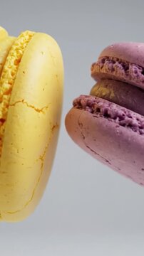 Colorful Floating Macarons in Motion: A Delightful Display of Gourmet Treats Captured in Two Dynamic Frames, Showcasing Their Vibrant Hues and Textures