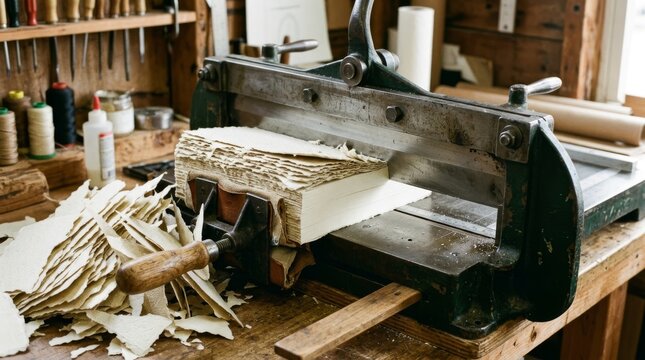 Vintage bookbinding press operating in a workshop