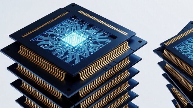 Stack of high tech computer chips with glowing blue circuits. Digital microchips, silicon processors pile up in futuristic 3d render. Electronic hardware components show advanced data processing,