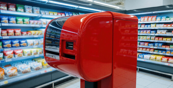 Red queue management machine stands in supermarket aisle. Auto dispenser gives paper tickets to customers for service order. People wait in line at deli retail store. Customer gets number for waiting