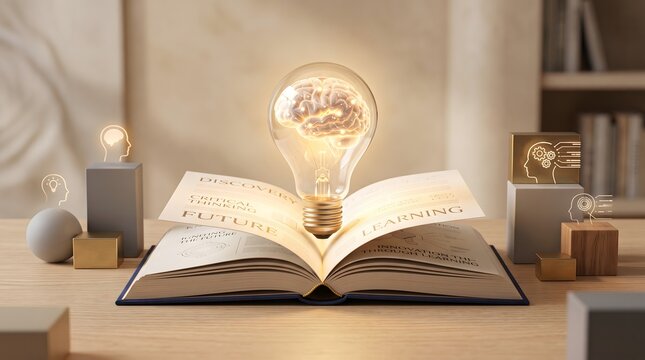 Open Book With Glowing Brain Lightbulb And Future Learning Concepts Symbolizing Higher Education Critical Thinking And Innovation