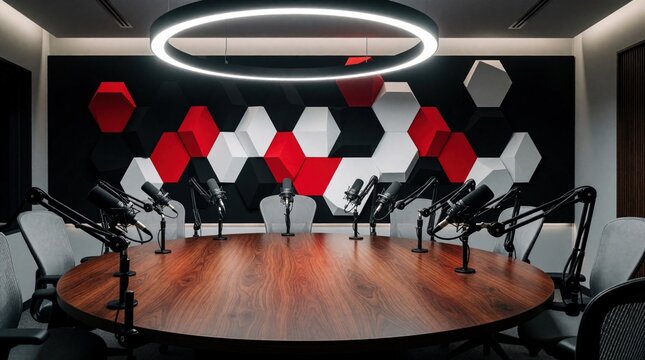 Modern podcast studio with large wooden round table, professional microphones. Hexagonal acoustic panels in red white, black decorate wall. Circular ring light hangs above setup for audio recording,