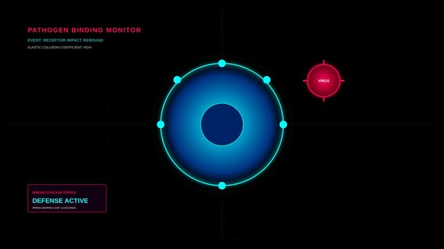 Digital immune system monitor visual showing a virus pathogen cell interaction on a futuristic screen