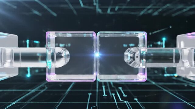 Ice cubes float in a digital space with light reflections. The cubes are clear and shine under bright lighting. Motion creates a dynamic effect