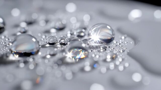 Water droplets rest on a smooth surface. Each droplet catches light, creating reflections and highlights. This close shot shows the details of the