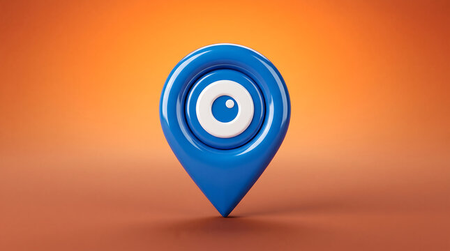 A shiny blue location map pin icon with an eye symbol standing on an orange background