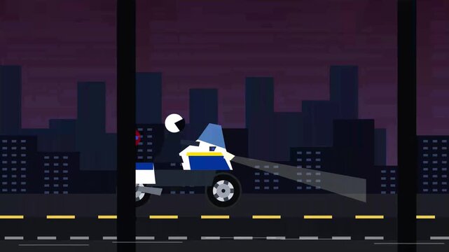 Flat Vector Animation of a Police Motorcycle Patrol in the City at Night