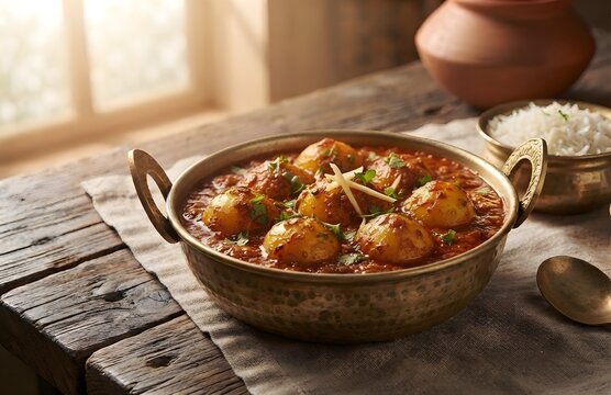 Traditional Kashmiri Dum Aloo served in a hammered brass kadai, featuring deep-fried baby potatoes simmered in a rich, spiced, yogurt and fennel-based red gravy, garnished with fresh coriander and gin