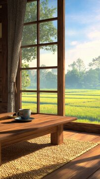 A serene interior of a wooden room overlooking lush green fields and a bright blue sky