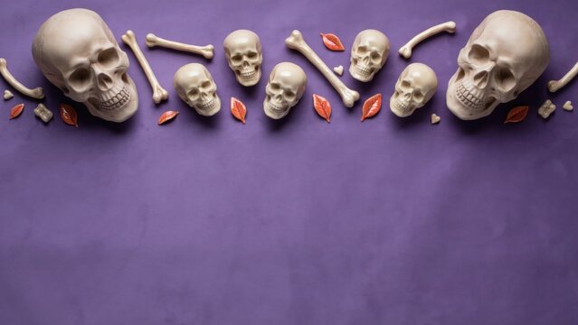 Symmetrical layout of skulls and bones on a purple texture background