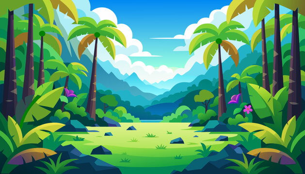 Jungle, illustration, vector, palms, tree, park, summer, beach, grass, sky, walk, nature, water, green, game, cloud, vector graphics, forest, trees, mountains, clouds, bushes, joy, leisure, banner