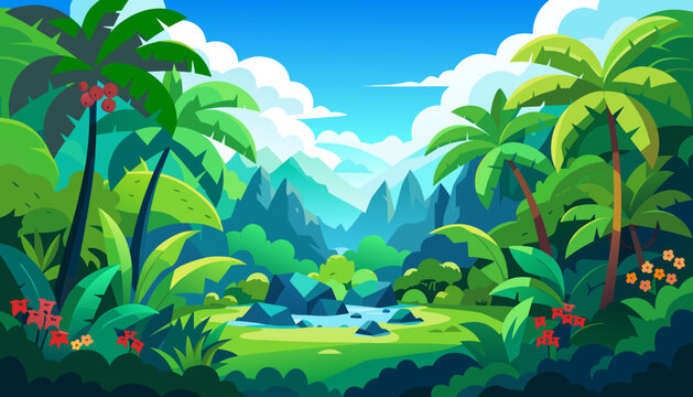 Jungle, illustration, vector, palms, tree, park, summer, beach, grass, sky, walk, nature, water, green, game, cloud, vector graphics, forest, trees, mountains, clouds, bushes, joy, leisure, banner