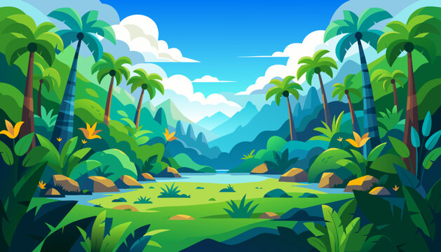 Jungle, illustration, vector, palms, tree, park, summer, beach, grass, sky, walk, nature, water, green, game, cloud, vector graphics, forest, trees, mountains, clouds, bushes, joy, leisure, banner