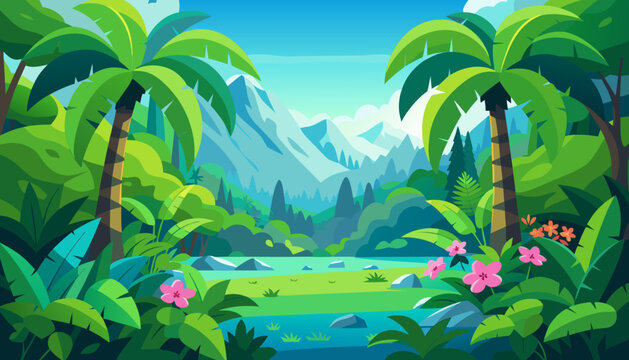 Jungle, illustration, vector, palms, tree, park, summer, beach, grass, sky, walk, nature, water, green, game, cloud, vector graphics, forest, trees, mountains, clouds, bushes, joy, leisure, banner