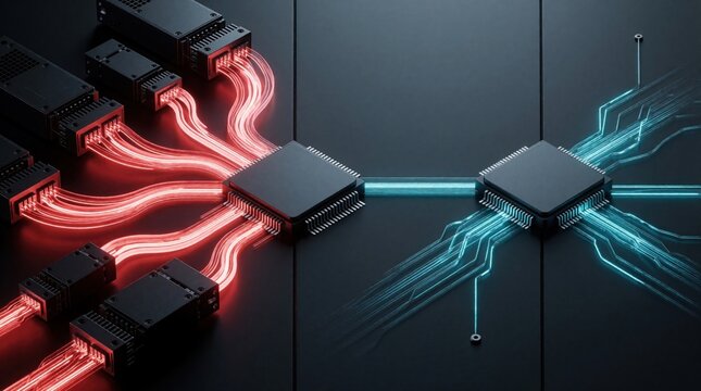 3D infographic shows comparison between pluggable transceiver optics, co-packaged optics. Red glowing fiber optic lines connect components to central chip on left. Blue light signal travels between