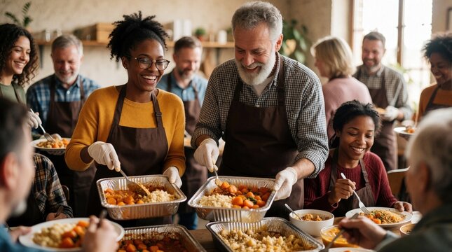 Diverse group of volunteers serve hot meals in community kitchen. Happy people distribute food from large metal trays to hungry guests. Church members, neighbors help others through charity work,