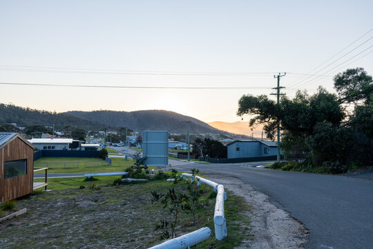 Sunset over Hills and Roadside in Bicheno Tasmania