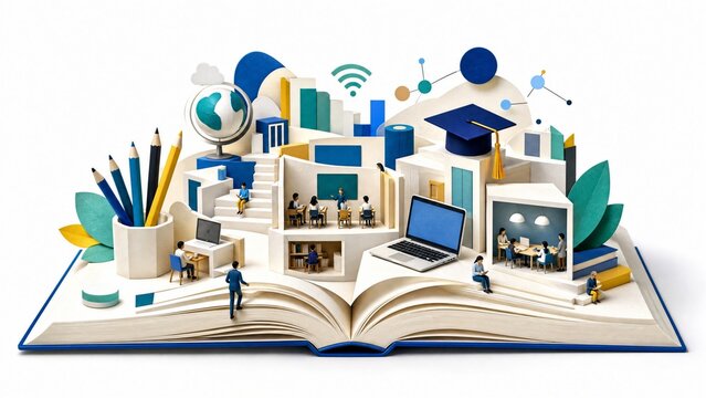 Educational event concept with students and digital learning environment in open book setting with technology and classroom elements