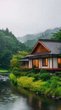 A serene riverside house surrounded by lush greenery and misty mountains under overcast skies