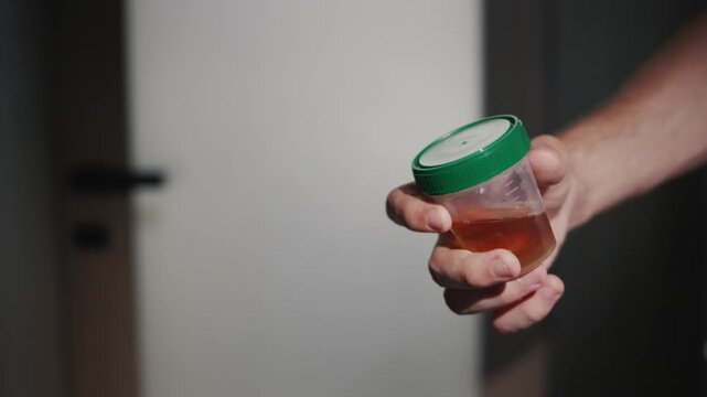 Man holding plastic container with dark urine sample for medical analysis in clinic hallway.