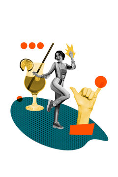 Vertical photo collage of happy girl dance weekend occasion cocktail alcohol beverage hand show shaka gesture isolated on painted background