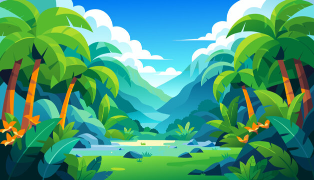 Jungle, illustration, vector, palms, tree, park, summer, beach, grass, sky, walk, nature, water, green, game, cloud, vector graphics, forest, trees, mountains, clouds, bushes, joy, leisure, banner