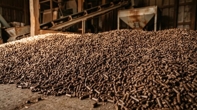 Large pile of wood pellets used as biomass fuel in an industrial manufacturing facility