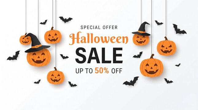 Halloween Sale Horizontal Banner with Hanging Jack O Lantern Pumpkins and Bats