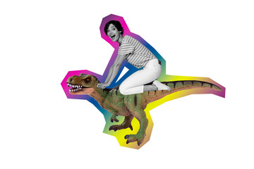 Creative sketch collage of excited girl ride wild animal jurassic era tyrannosaurus adventure tourism park roar egg drawing © deagreez