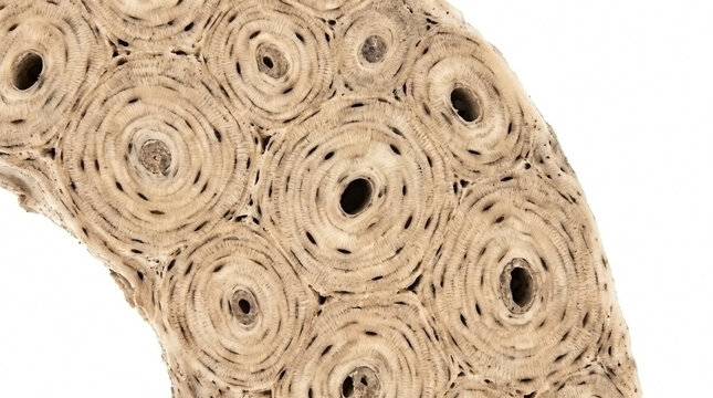 Microscopic view of compact bone cross section showing osteon structure with haversian system bone tissue human bone skeletal
