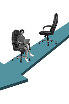 Vertical sketch 3d artwork collage poster of inexperienced freelancer girl sit chair arrow decline bankrupt problem inflation recession