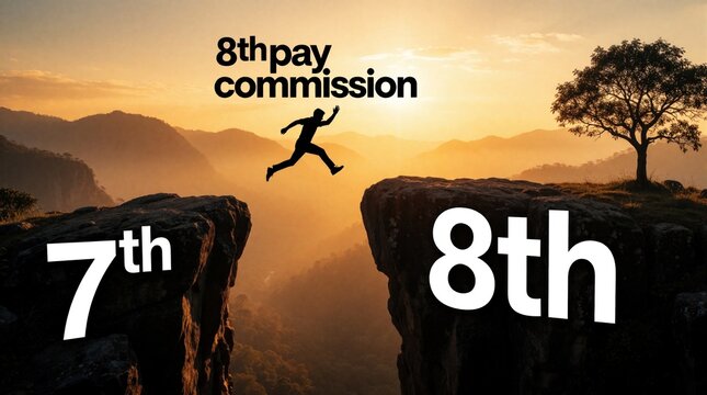 Man silhouette jumps between two cliffs labeled 7th, 8th pay commission. Conceptual image shows transition from old to new salary structure. Person leaps across gap representing career growth,