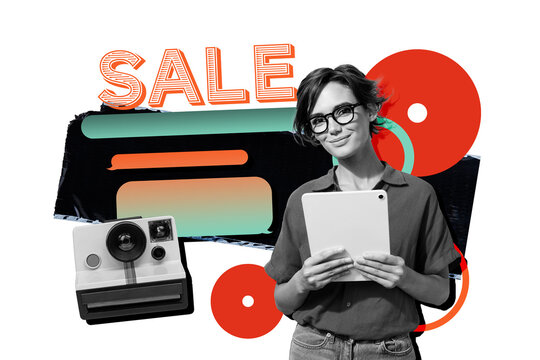 Composite trend artwork sketch collage of&nbsp;young lady student eyewear hold epad&nbsp;sale banner black friday&nbsp;shopping&nbsp;customer polaroid photo