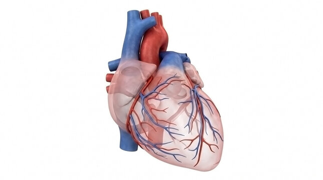 Anatomically correct 3D model of a human heart showing major arteries and veins with medical science human organ circulatory sys