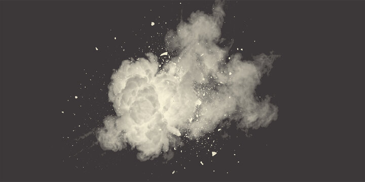 White smoke cloud explosion with flying debris isolated on dark background