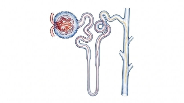 Medical illustration of a human nephron showing renal corpuscle and tubules with kidney anatomy renal system excretory system