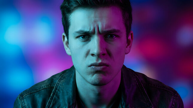 Confusion in the Neon Glow: A young man with a furrowed brow and intense gaze stares directly at the camera, his face illuminated by the vibrant hues of purple and blue neon lights.