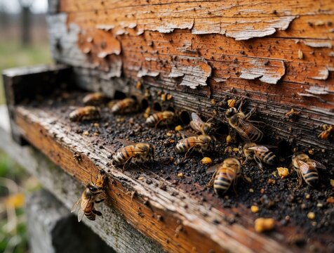 Close up of honey bees on wooden beehive entrance. Busy insects work near hive mouth during spring season. Apiculture activity in organic farm for honey production. Natural pollination process, bee
