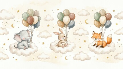 Fototapeta premium Watercolor Nursery Art with Cute Elephant Bunny and Fox Sitting on Clouds Holding Colorful Balloons for Baby Room Decor