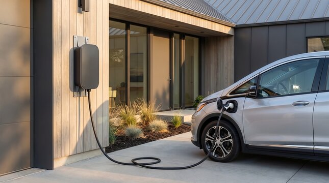 Electric vehicle charging at a modern home with residential EV charger and connected charging cable