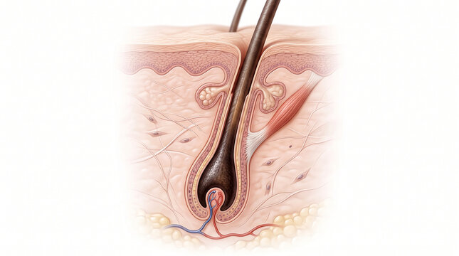 Anatomy cross section of human skin showing hair follicle structure and sebaceous gland with follicle epidermis illustration