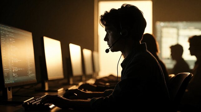 Man working in dimly lit call center wearing headset, typing on keyboard. Silhouette of operator at computer monitor in dark office. Team handling customer support, data entry at night. Cybersecurity