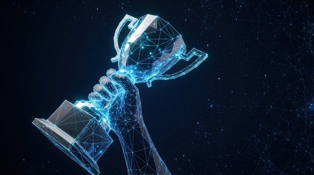 Digital wireframe trophy held by glowing blue hand. Abstract geometric cup success, achievement in tech era. Futuristic concept of winning prize, innovation, virtual victory through modern network