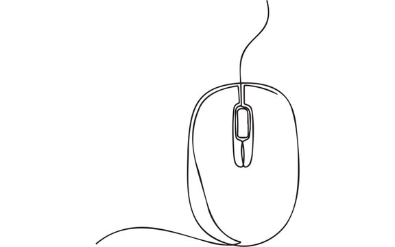 Continuous single line drawing of a computer mouse with a scroll wheel and cord in a simple minimalist style