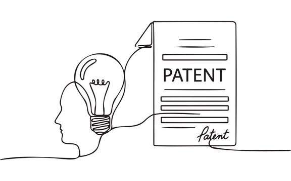 Continuous single line drawing of human head with light bulb and patent document showing legal idea protection