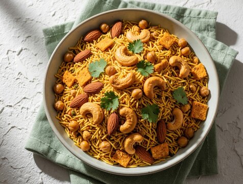 Top view of Indian namkeen snack mix in ceramic bowl. Crispy sev noodles, cashew nuts, almonds, chickpeas mixed with spices. Traditional salty savory mixture served on green cloth for tea time