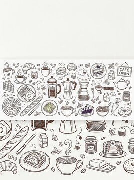 Hand Drawn Coffee and Breakfast Food Doodle Set with Pastries, Beverages, and Kitchen Utensils for Cafe Design