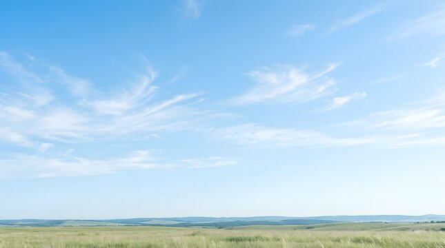 An expansive grassy plain stretches toward distant rolling hills beneath a bright blue sky adorned with delicate  scattered cirrus clouds
